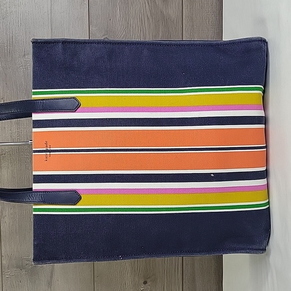 Kate Spaded Striped Navy Blue Canvas Leather Tote Shoulder Bag - Picture 2 of 12
